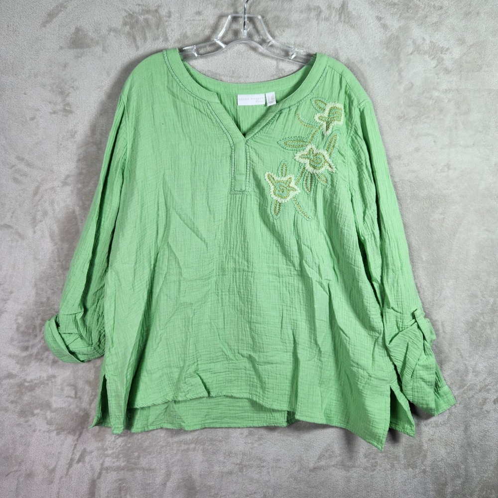 Susan Graver Tunic Womens Large Petite Honeydew Green Gauze Embroidered A691318